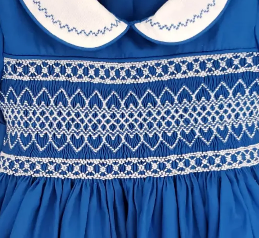 Summer Baby Girl Blue Hand Smocked Geometric Embroidery Vintage Dress for Baptism Birthday Party Photo Shoot  A414