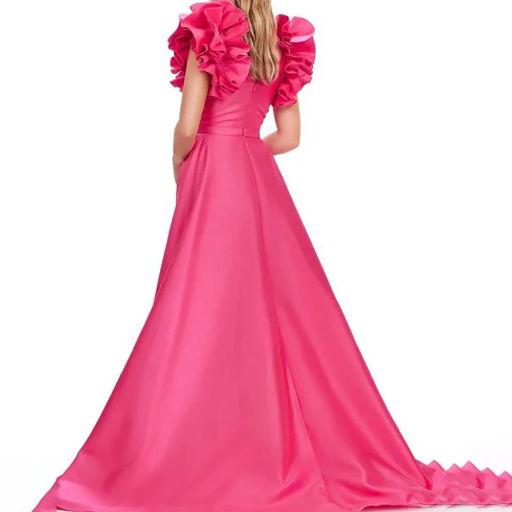 Sexy Tulle Prom Dress Evening Gown V Neck Thick Straps Ruffles Sleeves Low V Back Front Slit Floor Length Sweep Train