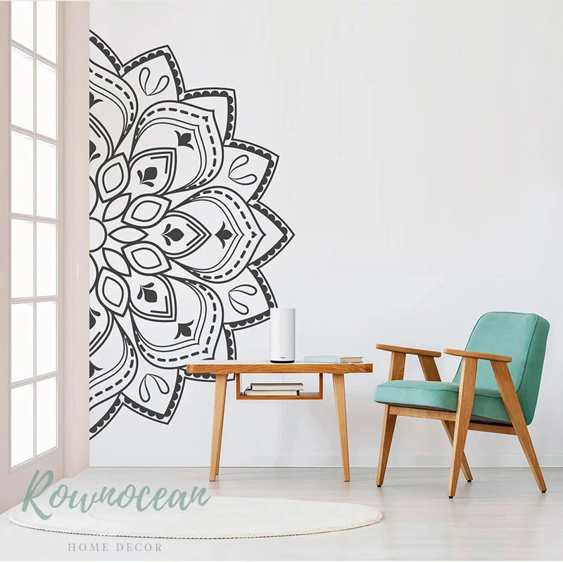 ماندالا في نصف الجدار ملصق الفينيل ديكور المنزل غرفة بوهو الهندي التأمل اليوغا الشارات للإزالة ذاتية اللصق جدارية الذهب G058