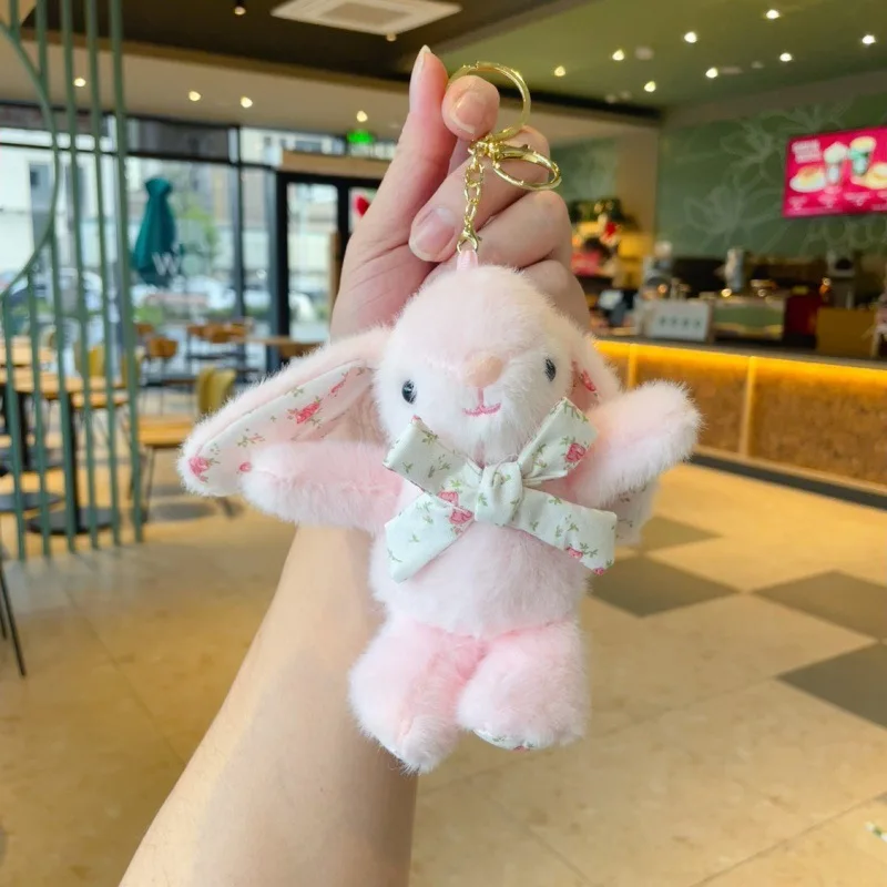 Hello kitty Flower Bowknot Rabbit Keychain Soft Cute Car Key Pendant Cartoon Stuffed Rabbit Doll Keyring Unisex