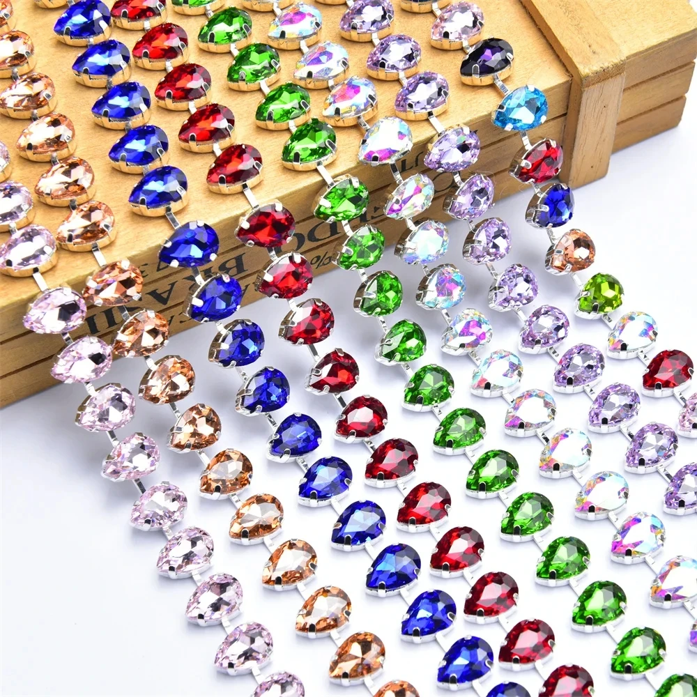 

Fashion 10*14mm Handmade Rhinestone Chain Crystal AppliqueTrim Silver Base Decoration Wedding Dress Clothing Accessories