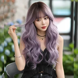 NAMM Long Wavy With Bangs Part Ash Purple Ombre Purple Wig for Women Daily Party High Density Layered Body Wavy Hair Wigs