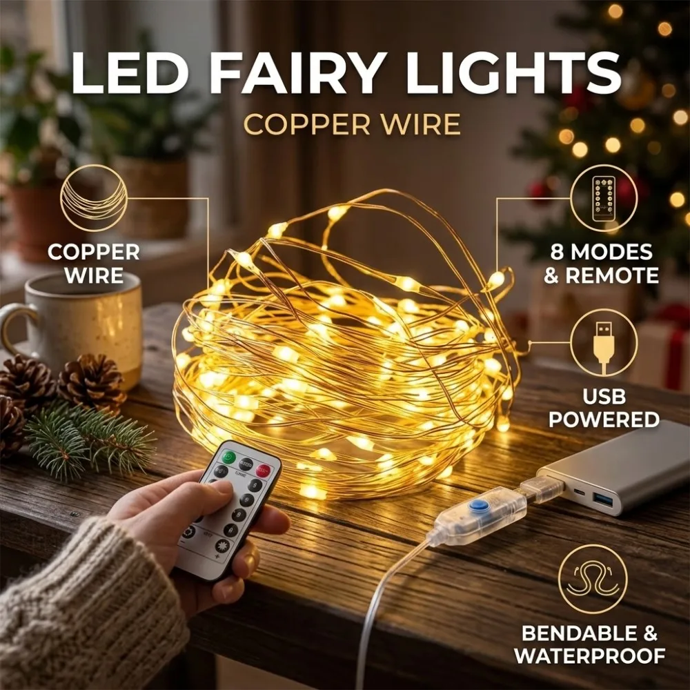 USB LED Copper Wire Lights 8 Modes Remote Warm White for Christmas Wedding Party Home Bedroom Table Decor