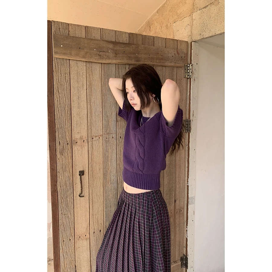 

Вязаный свитер HelloooEat в винтажном стиле, фиолетовый, с круглым вырезом, укороченный, облегающий, универсальный, из мягкого хлопкового бленда