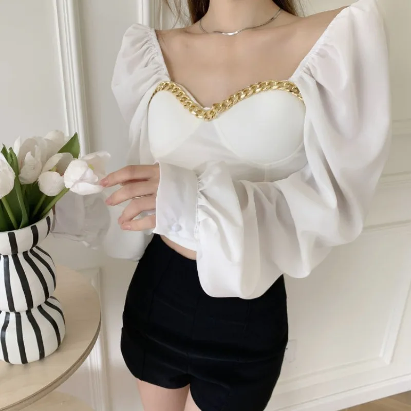 Women Clothing Autumn Stylish Sexy Off Shoulder Chain Chic Blouses Elegant Square Collar Long Sleeve Shirts Solid Slim Crop Tops