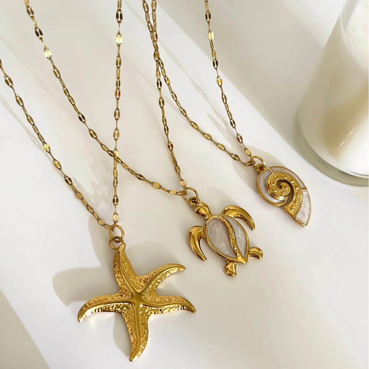 Elegant Fashion White Enamel Turtle Conch 18K Gold Plated Big Starfish Pendant Necklace for Women Party Daily Jewelry image 4