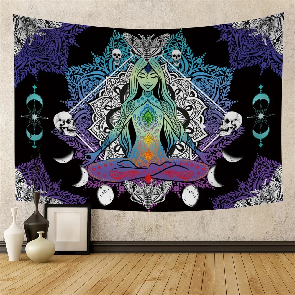 Psychedelic Skull Chakra Mandala Painted Tapestry Flower Mushroom Wall Hanging Hippie Room Carpet Decor Dorm Home Art Decoration