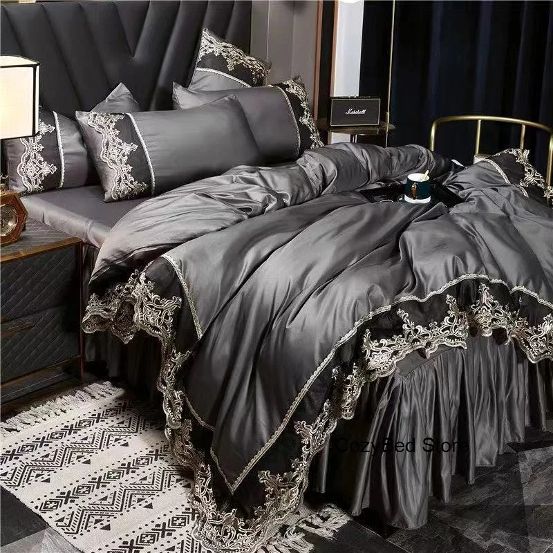 

Luxury Embroidery Beddding Set Romantic Solid Color Duvet Cover Bed Skirt Sheet With Lace Wedding Bed Linens For Couple Adults