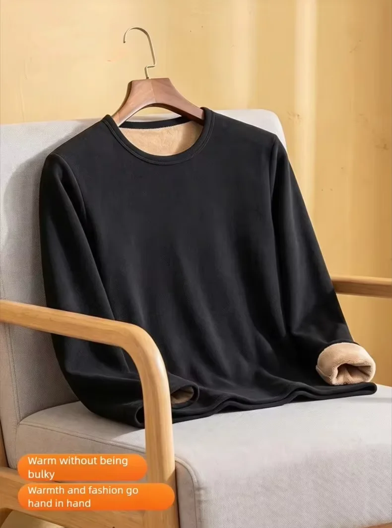 Herren Langarm-T-Shirt, Fleece-gefüttert, Verdickter Samt, Warm, Rundhals, Einfarbig, Dehnbares Basis-Shirt, Lässiges Winter-T-Shirt 6XL – Detail 8