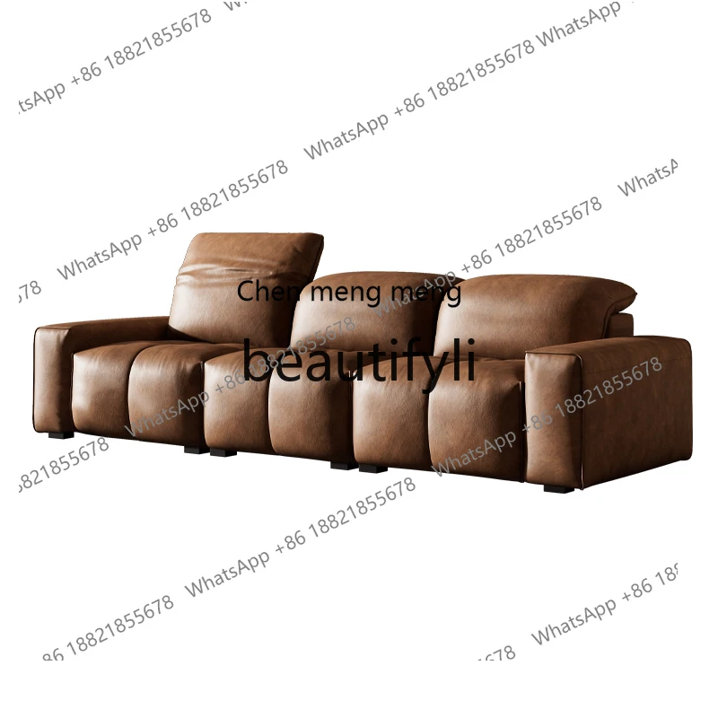 

Medieval retro leather sofa living room adjustable high backrest aniline leather straight row sofa