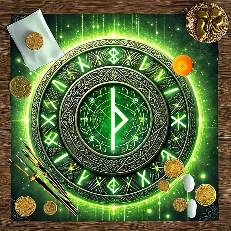 Keltisches Runen-Tarot-Tuch, Langlebige Polyester-Altarabdeckung mit Grün Leuchtenden Keltischen Knoten & Runensymbolen