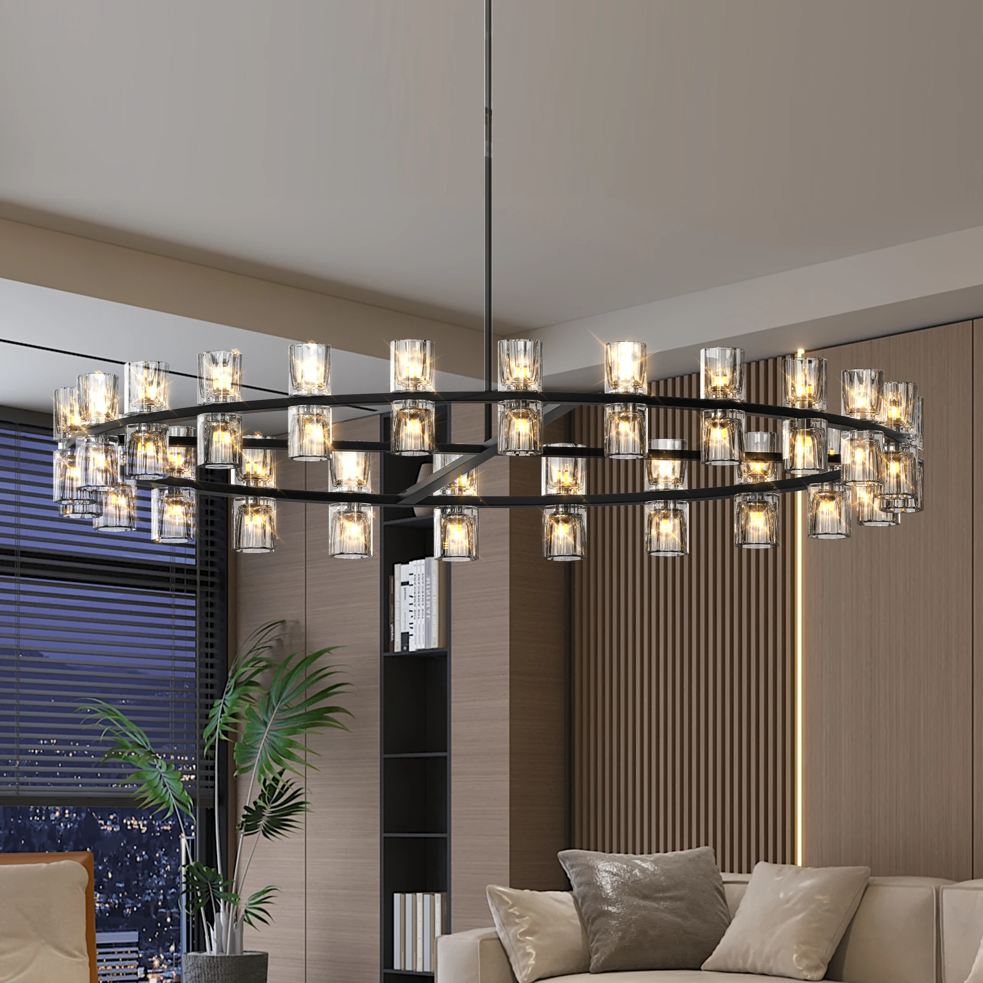 

Wagon Wheel over Table, Modern 48 Inch Black Round Chandelier Light Fixture, Crystal for Dining Room, Living Room