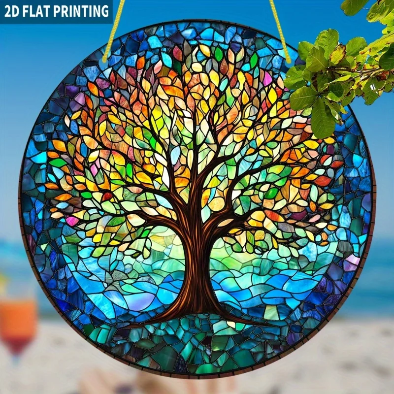 2D Flat, 1pc Colorful Tree of Life Sun Catcher, 19.99x19.99 cm Round Acrylic Window Hanging Decor, Stained Glass Style with Vibr