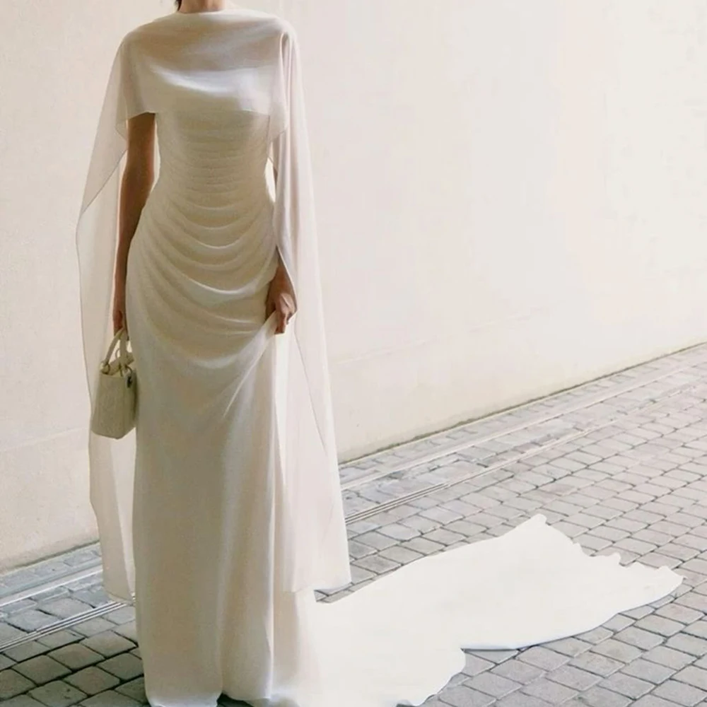 

Simple Chiffon Evening Gown Elegant Wedding Party Dress Soft Floor-length Sleeveless Bridal Gown with Court Train for Women