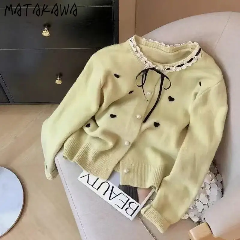 

Matakawa Sweet Ruffles Cardigans Hearts Korean Fashion Autumn Winter Women Sweaters Lace Up Warm Elegant Sueter De Mujer