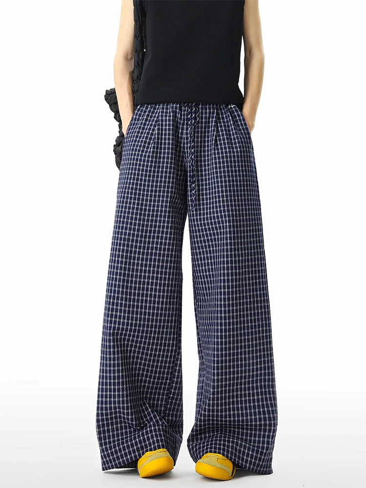 

American Retro Blue Plaid Pants Women Summer Low Waist Loose Wide Leg Casual Trousers Cleanfit Lazy Sle Straight Leg Pants