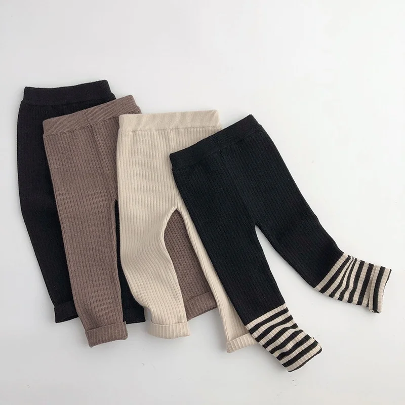

Autumn Winter Kids' High waisted Ribbed Knit Leggings with Striped Cuffs Pure Cotton High Elasticity Unisex for 1-8Y