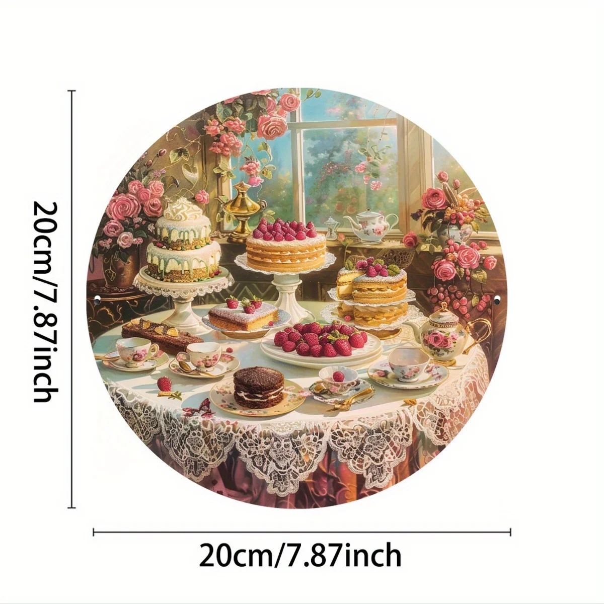 Window Side Dessert Feast Circular Tin Plaque 1pc 20cm 2D Flat Metal Tin Sign Retro Rose Flower Cake Tea Set For Kitchen Living