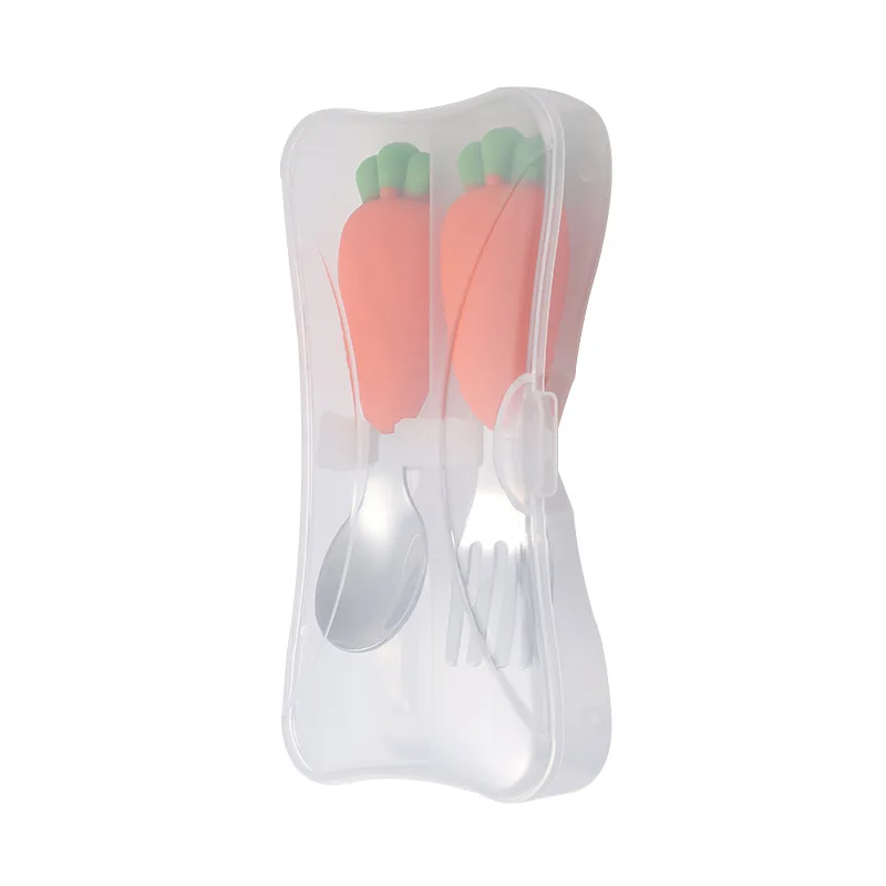 Baby Carrots Bowl Suction Training Spoon Fork Set Portable Tableware Plate Kids Children Silicone BPA Free Feeding Dining Dishes