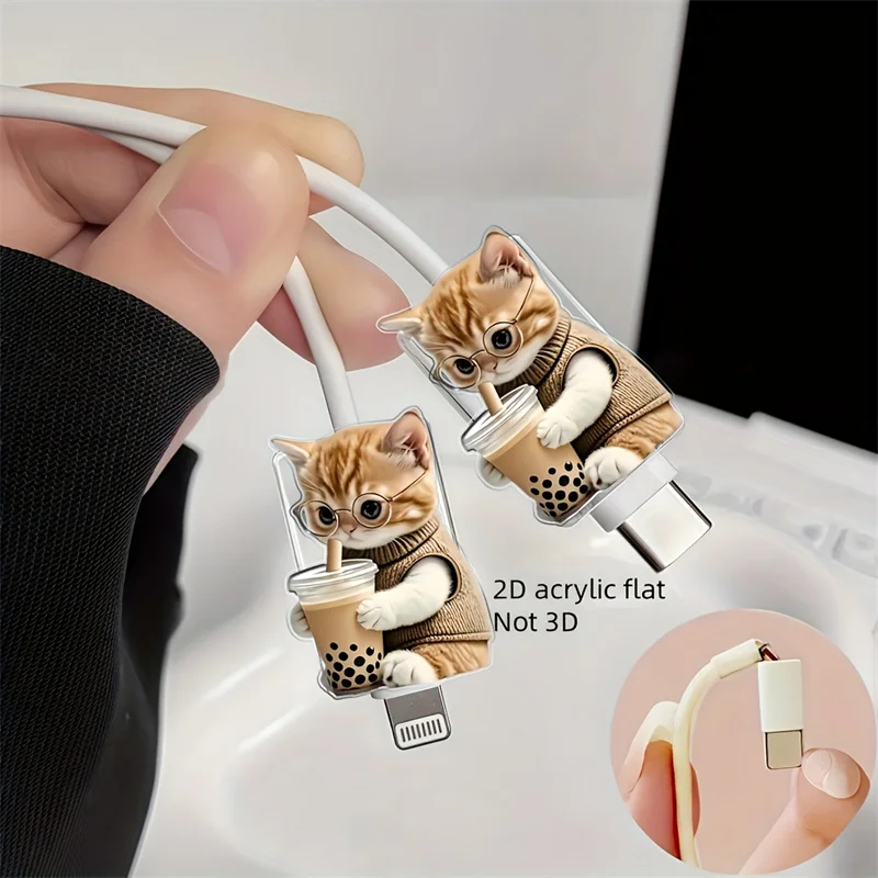 2D Flat 2pcs Cute Cat with Glasses Data Cable Protector Acrylic Flat Design Connector Cover For iPhone Type-C Phone Cable 3