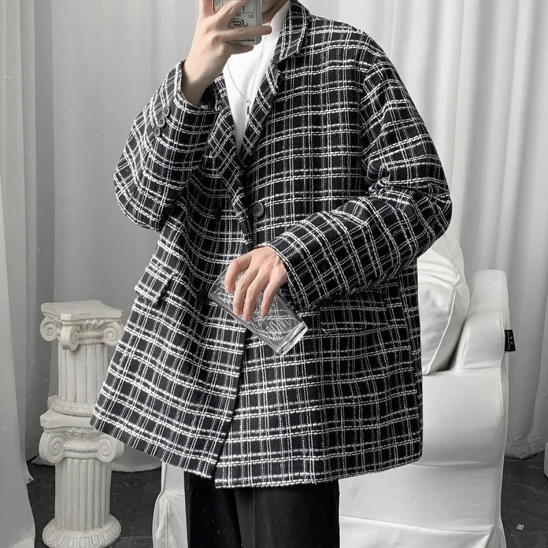 

Повседневное клетчатое черно-белое мужское пальто свободного кроя, модное осеннее двубортное пальто с длинными рукавами для молодежи