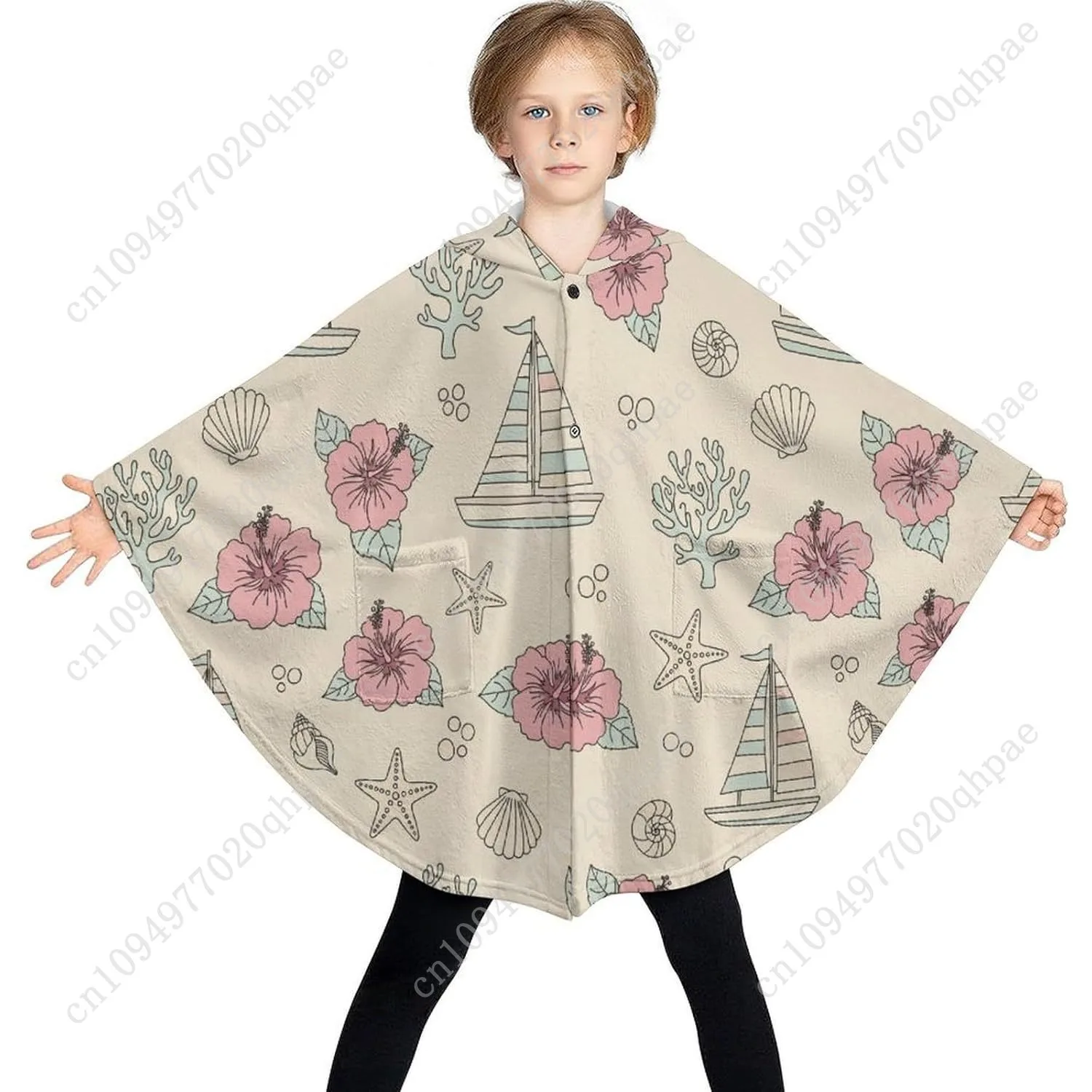 سترة بطانية مريحة من الفلانيل، سترة بقلنسوة كبيرة الحجم للحياة البحرية مع جيوب للأطفال والمراهقين