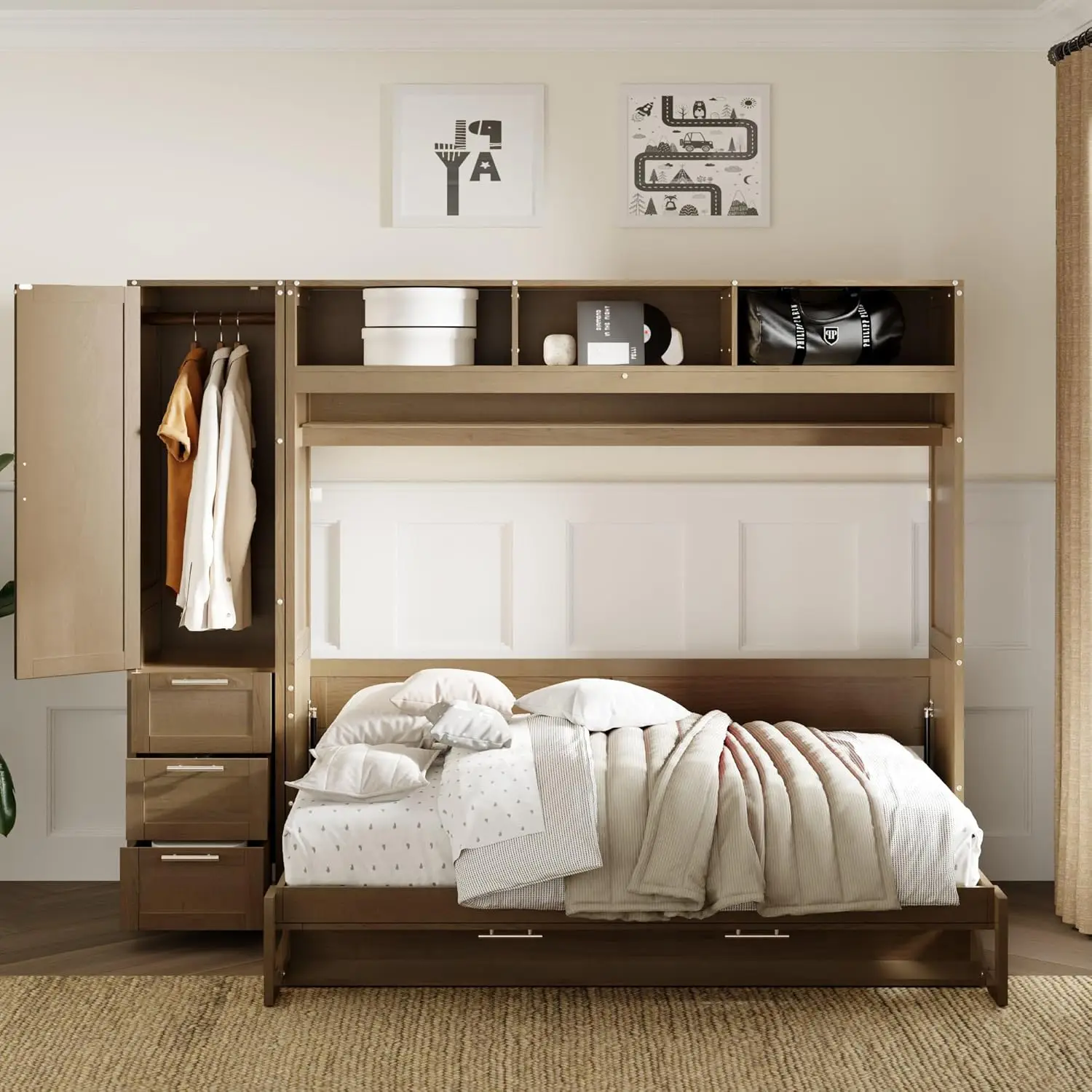 Full Size Murphy Bed Wall Bed With Closet And Drawers,Multifunctional Foldable Wooden Bed Frame With Built-In Top Shelf,Save