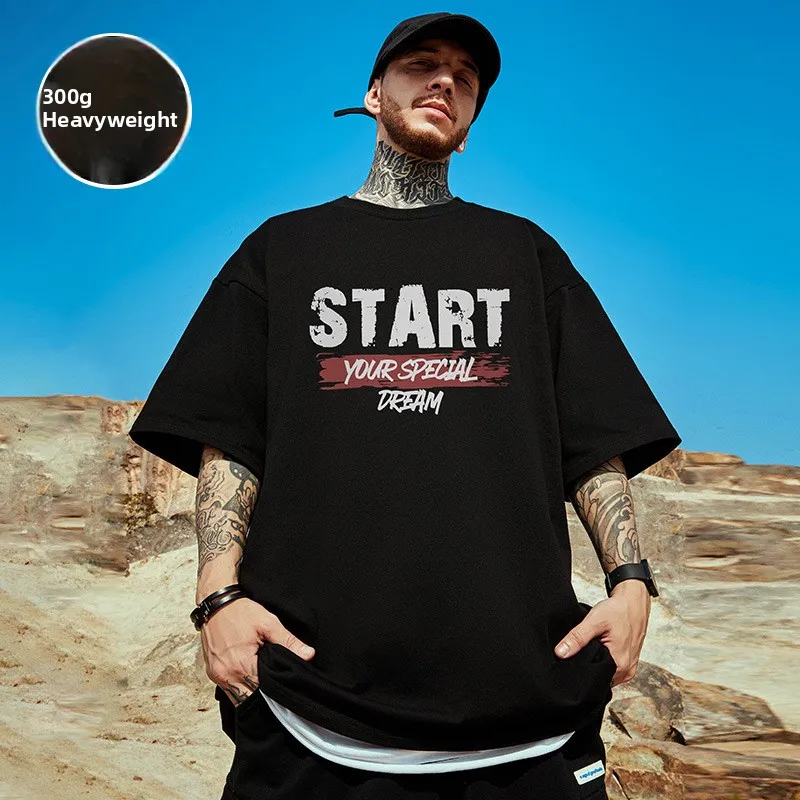 

Summer New Style Oversized Cotton T-Shirt Men's American Retro Trend Loose Black Large Size Short Sleeve Letter Print T-Shirt