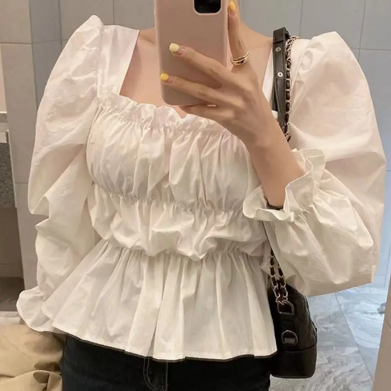 Korean Chic Spring New Temperament Square Collar Tree Fungus-like Lacework top Tube Puff Sleeve shirt Short for Women