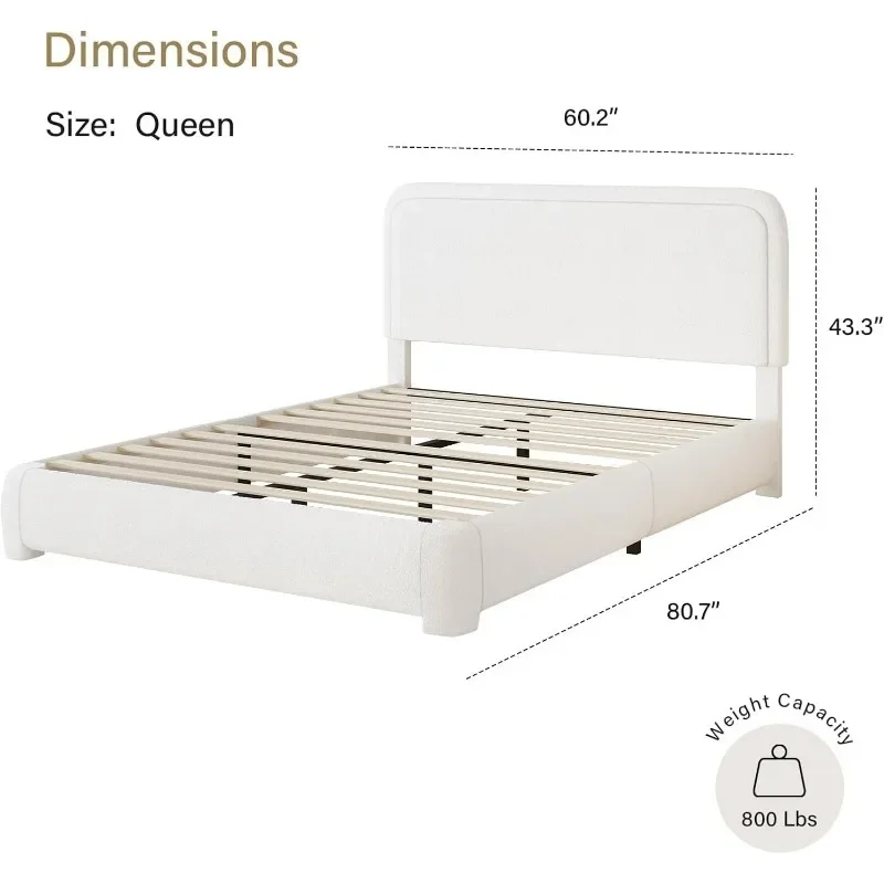 Queen Bed Frame, Boucle Upholstered Platform Bed Frame with Headboard, Modern Style, Soft Rounded Corners, Easy Assembly