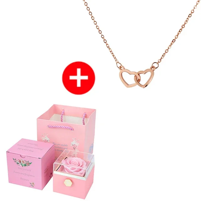 Nueva caja de anillo de joyería de Rosa eterna de San Valentín, caja de almacenamiento giratoria para collar con colgante de boda para mujer, caja