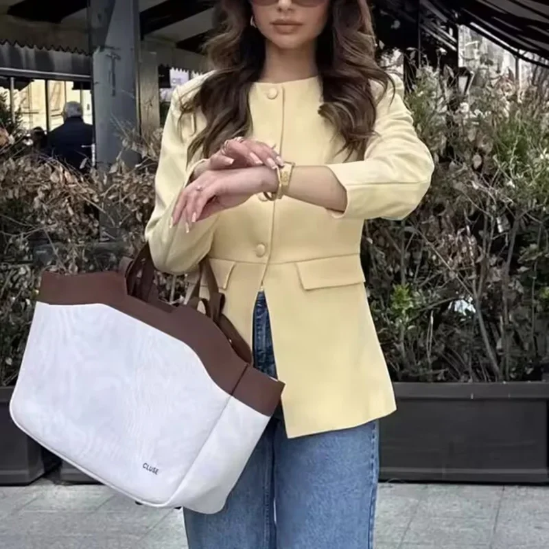 PRINTKAOIR 2025 Giacca blazer sottile gialla da donna elegante O-Collo manica lunga monopetto cappotto Lady Office Streetwear