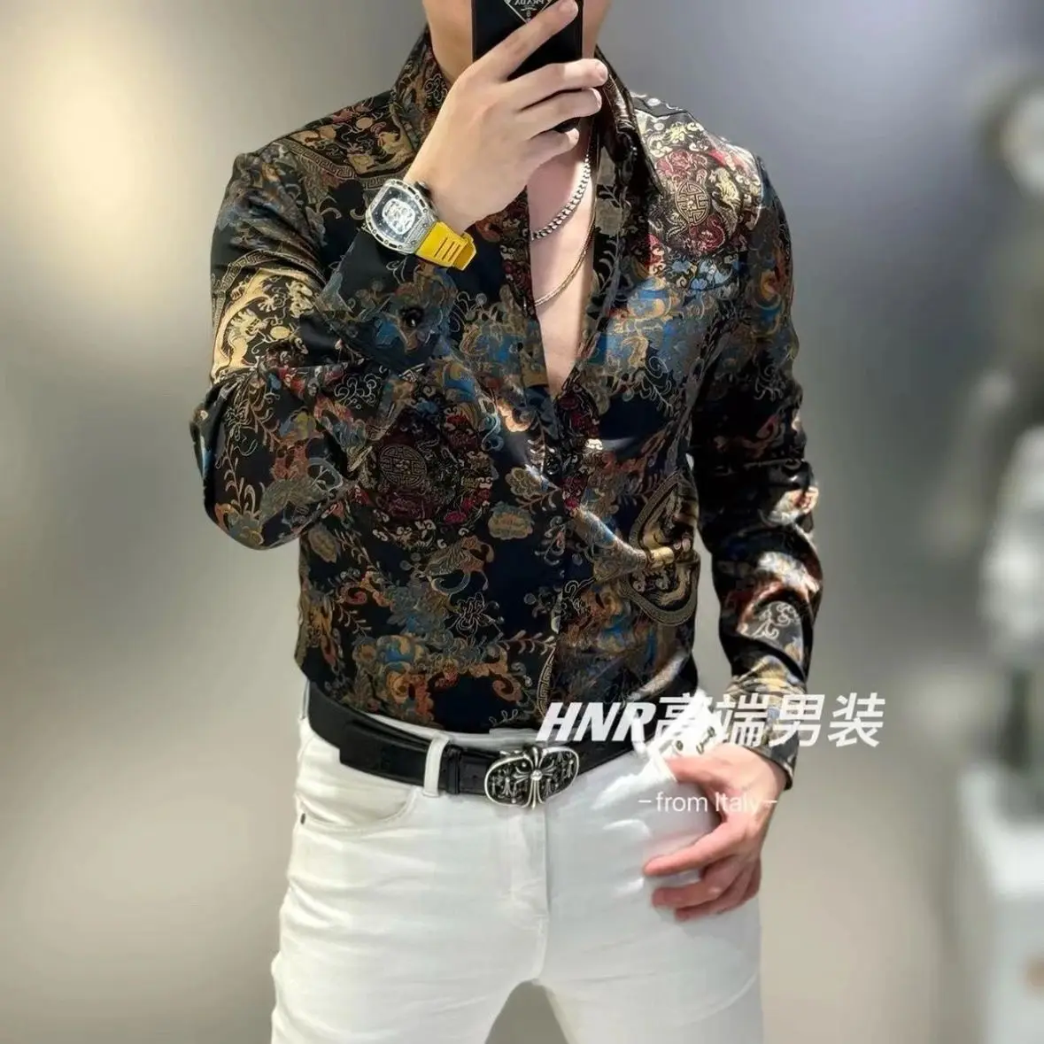 Spring and Autumn Printed Men\'s Shirt Fashionable Trendy Handsome Versatile Casual Slimming Shirt