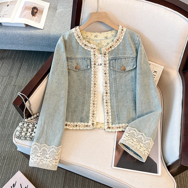 

Lace Spliced Women Denim Jacket Long Sleeve Coats Patchwork Jackets Single Breasted Cardigan Outerwear High Street Buttons