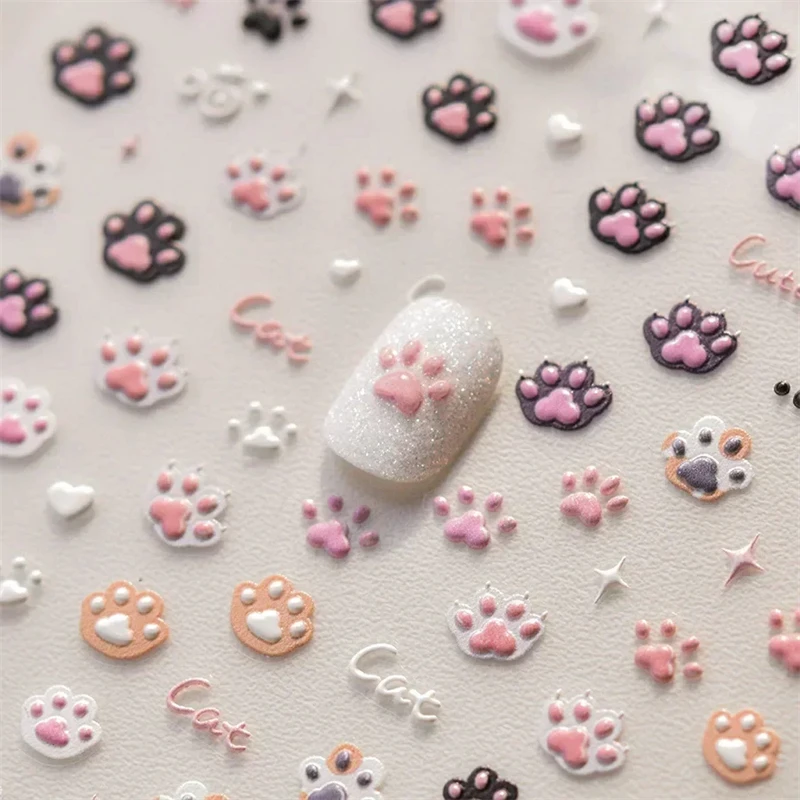 Cute Jelly Pink Cat Paw Print Lovely Kitty Puppy Dog Cartoon 5D Embossed Relief Self Adhesive Nail Art Sticker 3D Manicure Decal