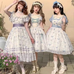 Lolita Meisjes Sling Jurk Zoete Vrouwen Mouwloze Bandjes Kant Plooien Ruffle Knielengte Tiener Verjaardagsfeestje Leuke Walvis Print Nieuwe