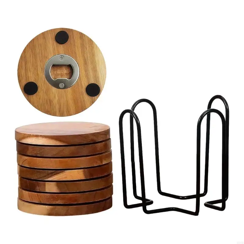 Holzuntersetzer mit Lagerregal, Flaschenöffner für Bier und Getränkebecher, Matte für Zuhause, Küche, Büro und Außenbereich B03E – Detail 3