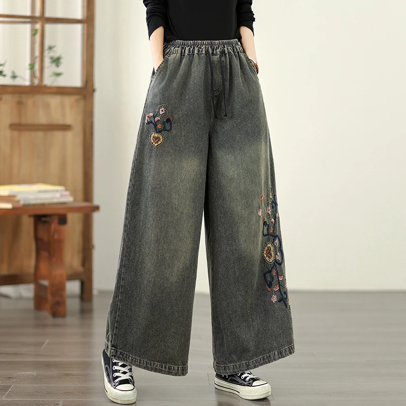 Retro Heavy Embroidery Soft Denim Wide Leg Pants Casual Loose Fit High Waist Cotton Polyester Blend Four Season Wear