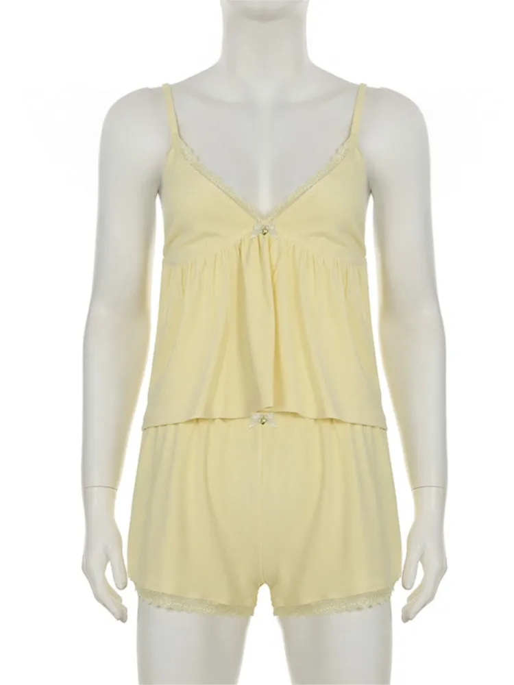 Sexy Lace Camisole Two Piece Set Casual Elegant Yellow Bow V-Neck Slim Sleeveless Cropped Top And Shorts Homewear 2 Piece Sets
