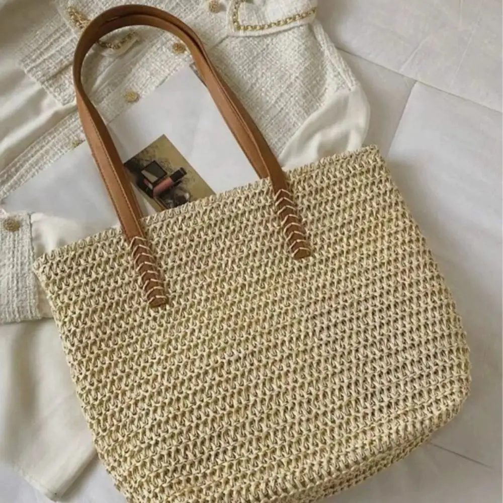 Bolso Tote de Rafia Tejida de Color Liso, Estilo Bohemio, con Cremallera, para Playa y Compras