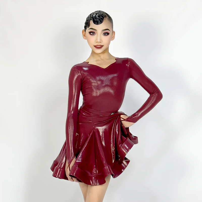 Latin Dnace Competition Dress For Girls Patent Leather Long Sleeve Cha Cha Rumba Dancing Performance Wear Bodysuit Skirt DL11168