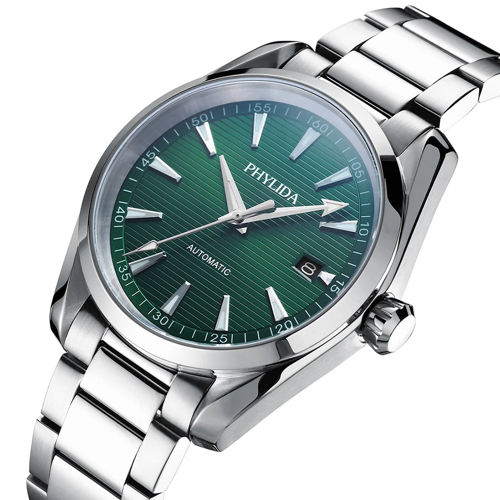 PHYLIDA Automatic Watch Green Dial Miyota Mechanical Wristwatch Solid SS Sapphire Crystal Aqua 100m WR