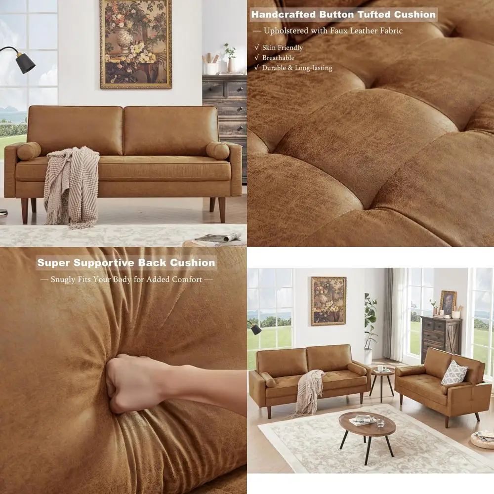 

Современный диван из искусственной кожи середины века с тафтинговым любовным сиденьем, 2 подушками, каркасом из массива дерева, идеально подходит для домашней гостиной