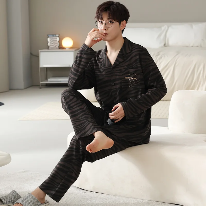 Spring and autumn pajamas men\'s new striped pajamas cardigan Lycra cotton set men\'s antibacterial technology men\'s home clothing