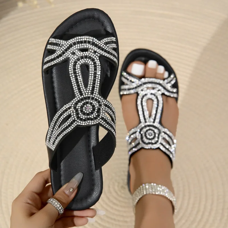 

Женские сандалии на плоской подошве в богемном стиле размера плюс 43, новые летние модные роскошные повседневные тапочки со стразами Sandalias Mujer