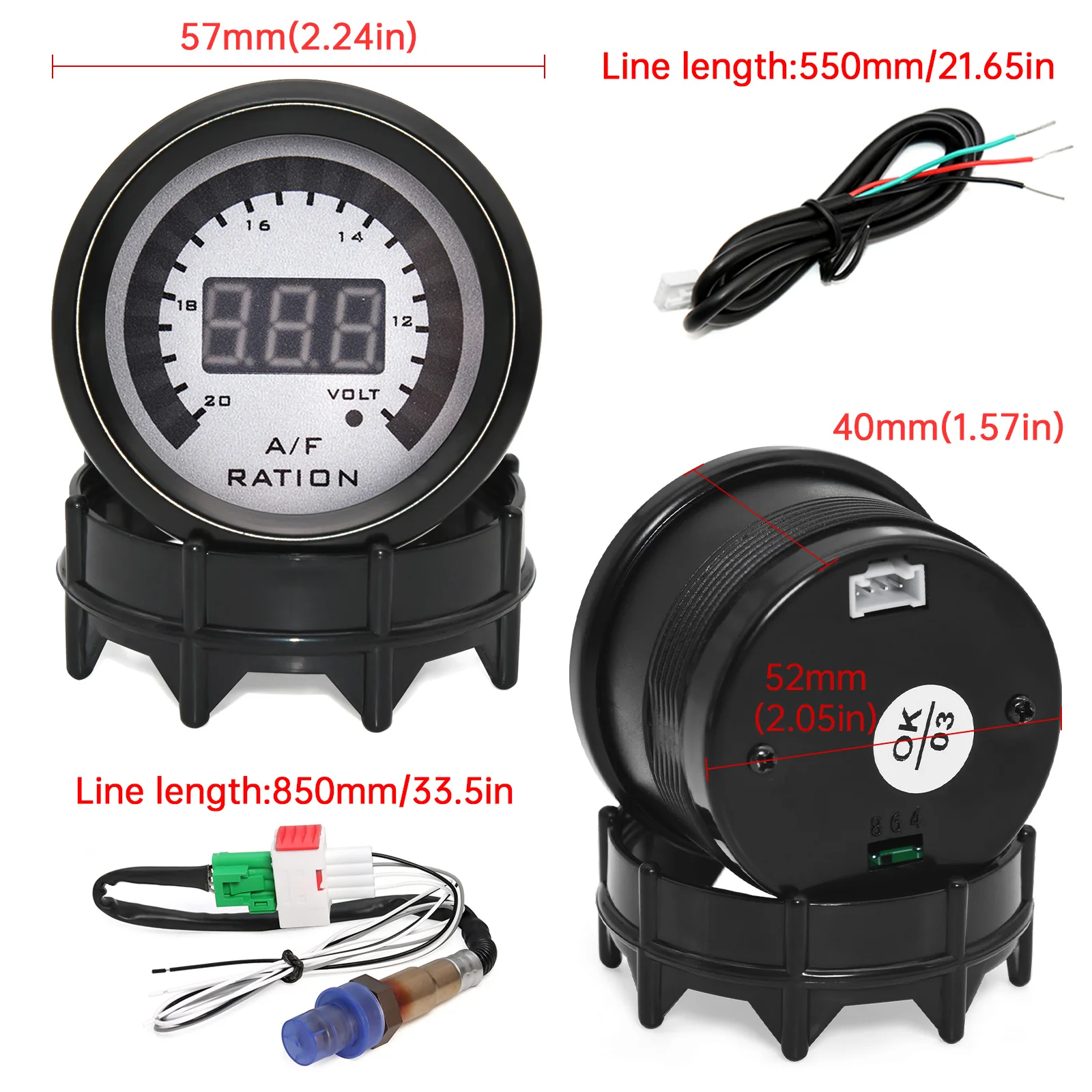 2 "52mm LED Digital Display Luft-kraftstoff Verhältnis Gauge Geräuchertes Gesicht AFR Volt Meter Automotive Voltmeter mit Pfeilband Sauerstoff Sensor 12V – Detail 17