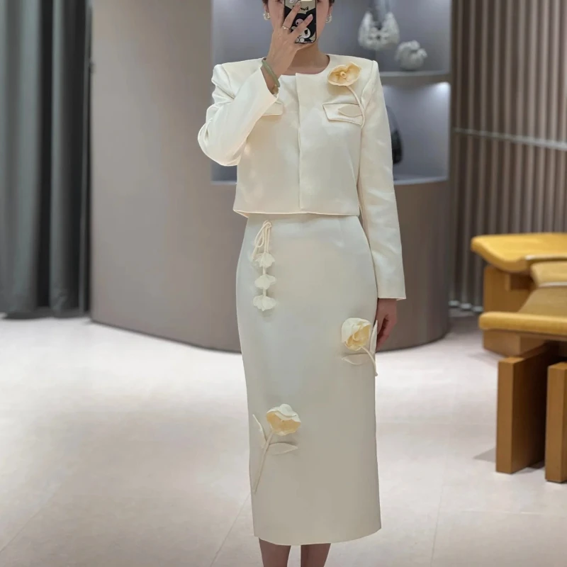 

2025 женский элегантный костюм-тройка с 3D цветочным декором, куртка с круглым вырезом или элегантное платье