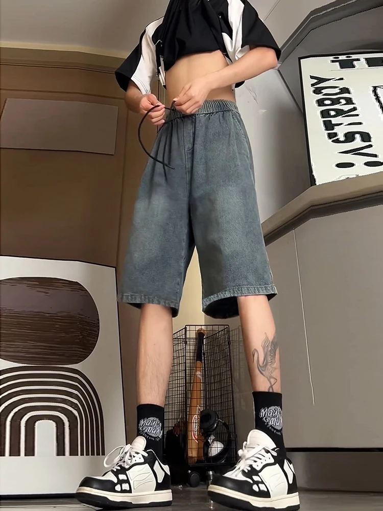 

Мужские джинсы в американском ретро-стиле, летние, модные, прямые, до колена, с разрезом, с высокой талией, из смесового хлопка