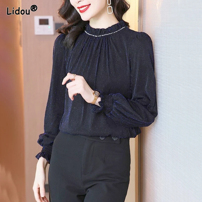 

2023 New Autumn and Winter Commuter Fashionable Standing Neck Beads Loose and Versatile Solid Oversized Women's T-shirt