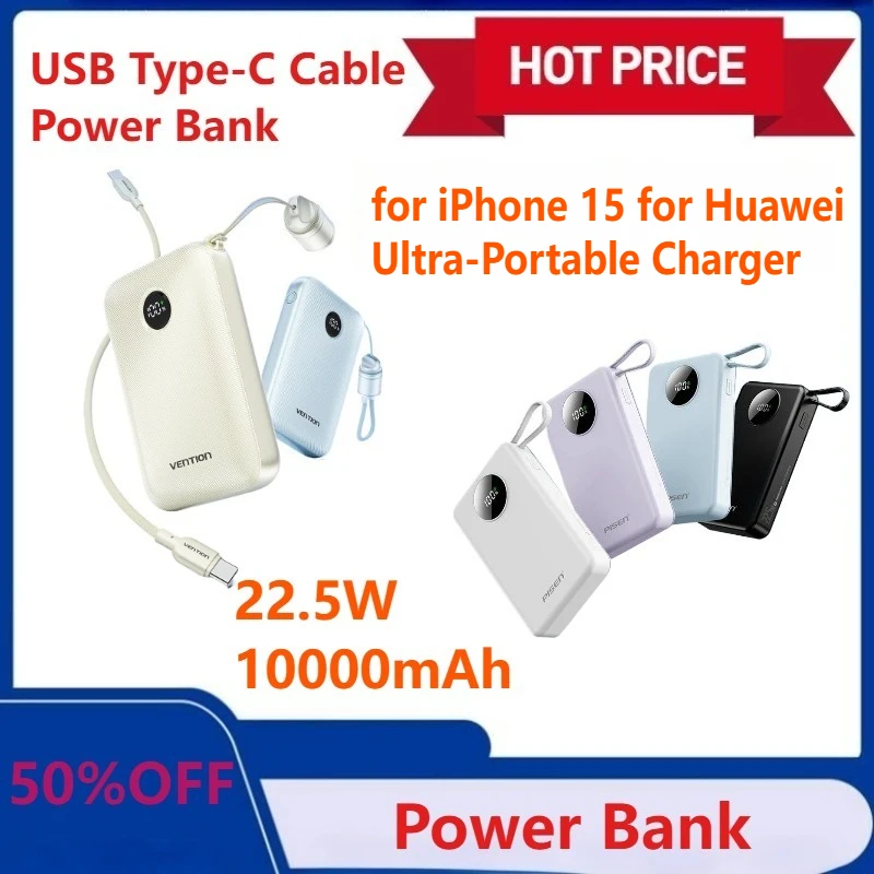 

New Power Bank 10000mAh 22.5W PD Power Charging with Built-in USB Type-C Cable for iPhone 15 for Huawei, Ultra-Portable Charger